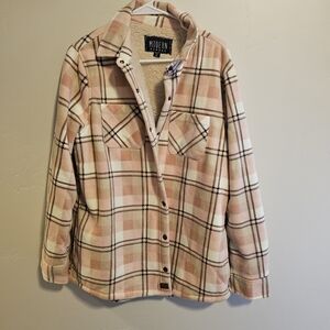 Pink checkered button up jacket.